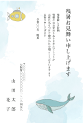 海で泳ぐクジラのイラストデザインの残暑見舞いテンプレート