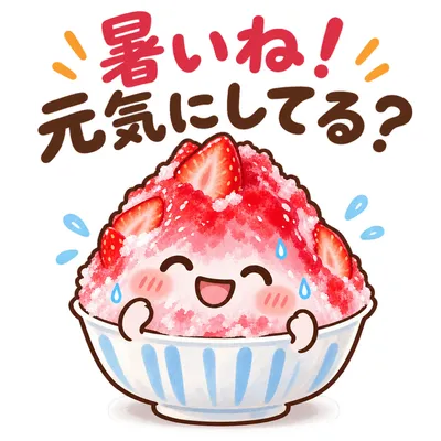 かき氷のキャラクターのイラストに「暑いね！元気にしてる？」と書かれた暑中見舞いのスタンプ風画像