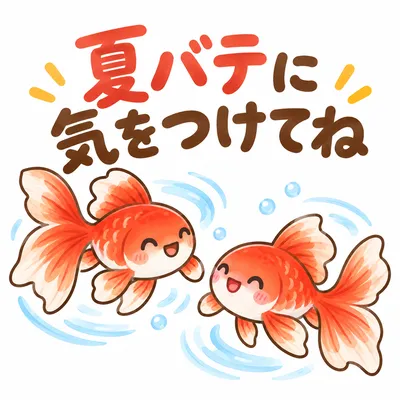 金魚のイラストに「夏バテに気をつけてね」と書かれた暑中見舞いのスタンプ風画像