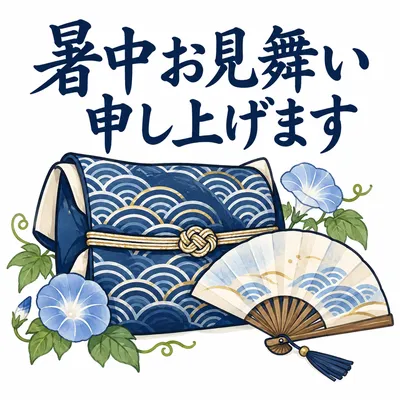 青海波の巾着と扇子のイラストに「暑中お見舞い申し上げます」と書かれた暑中見舞いのスタンプ風画像