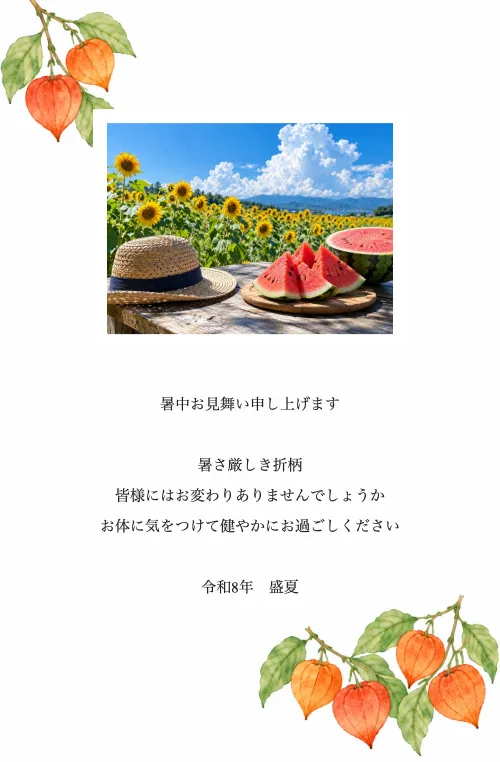 ほおずきのテンプレートに白フチの写真を入れた暑中見舞いの見本