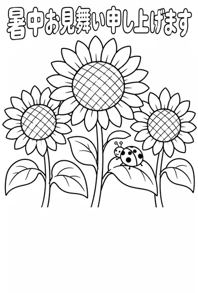 ひまわりとてんとう虫の塗り絵の暑中見舞いはがき