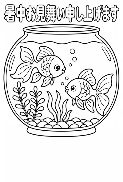 金魚鉢と金魚の塗り絵の暑中見舞いはがき