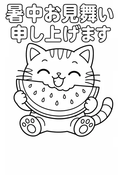 スイカを食べるねこの塗り絵の暑中見舞いはがき