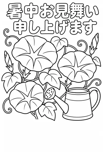 朝顔とじょうろの塗り絵の暑中見舞いはがき